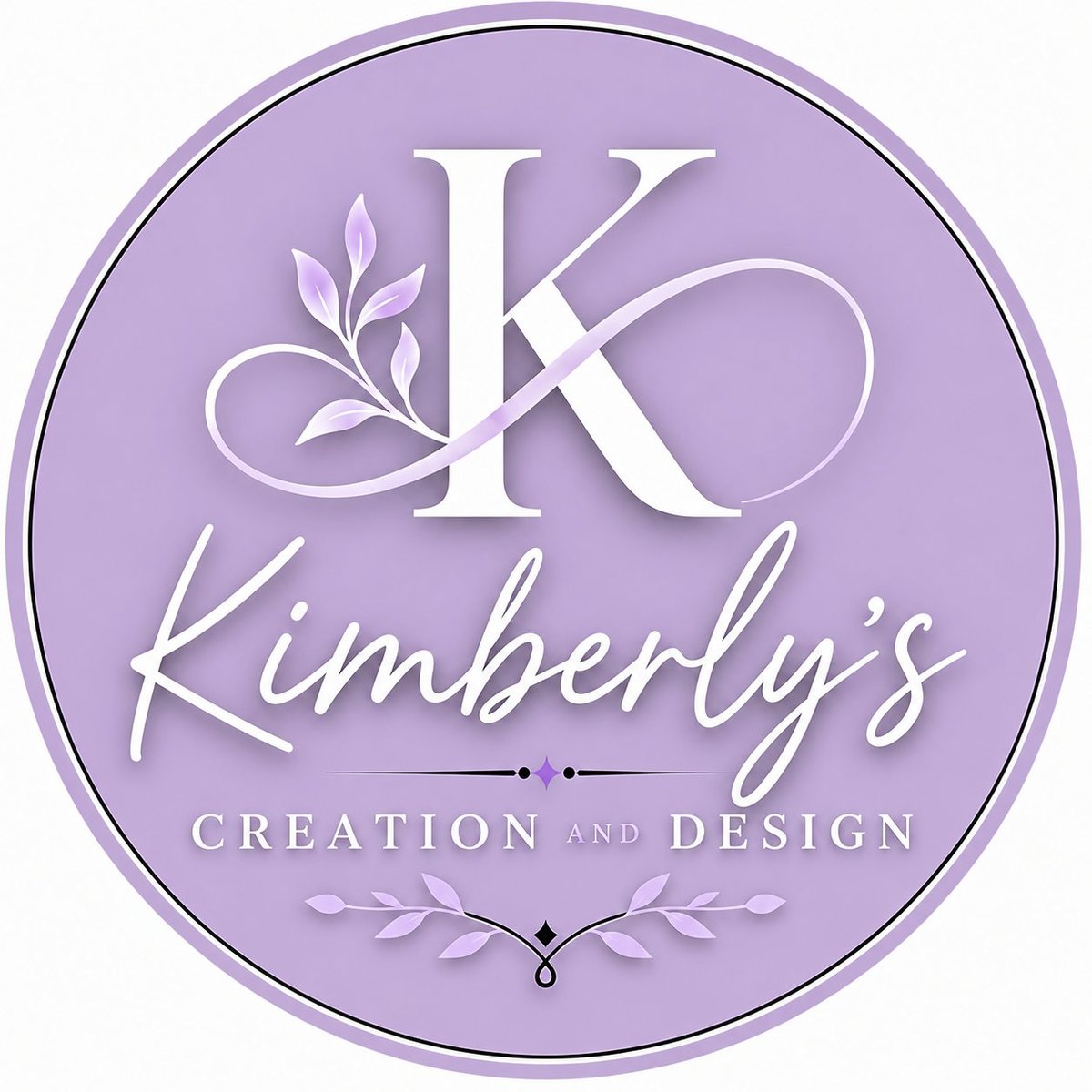 Kimberly's Creation and Design logo - purple circular badge with elegant K monogram and decorative floral elements